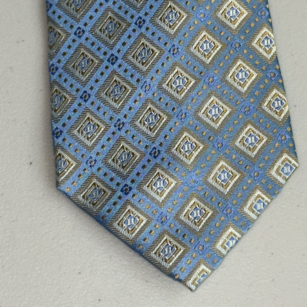 Pronto Uomo Geometric Blue and Gold Tie - Picture 3 of 10
